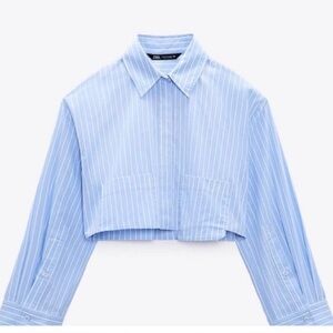 Zara Light Blue and White Striped Cropped Blouse